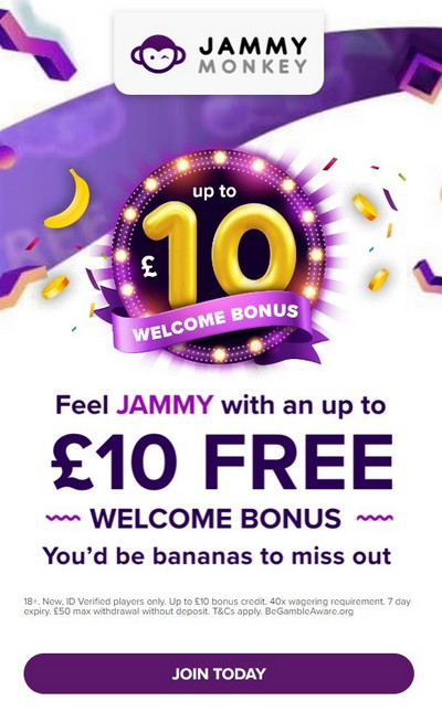 $10 No Deposit Bonus for New Players at Jammy Monkey Casino