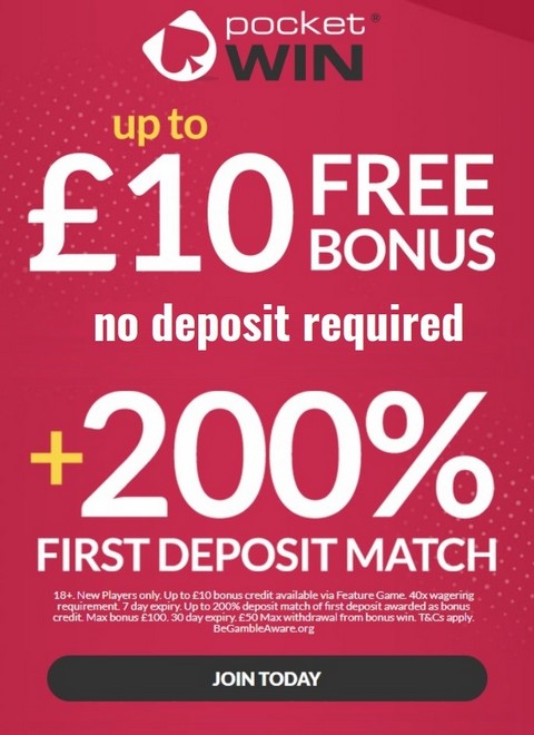 £10 Free No Deposit Bonus for New Players at PocketWin Casino